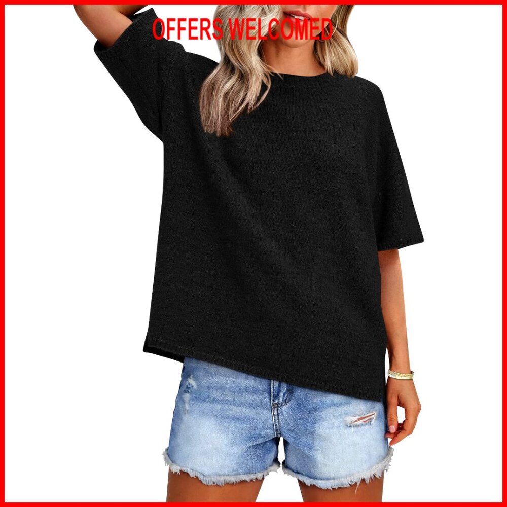 Oversized Lightweight Knit Pullover Short Sleeve Crewneck Summer Sweater Top